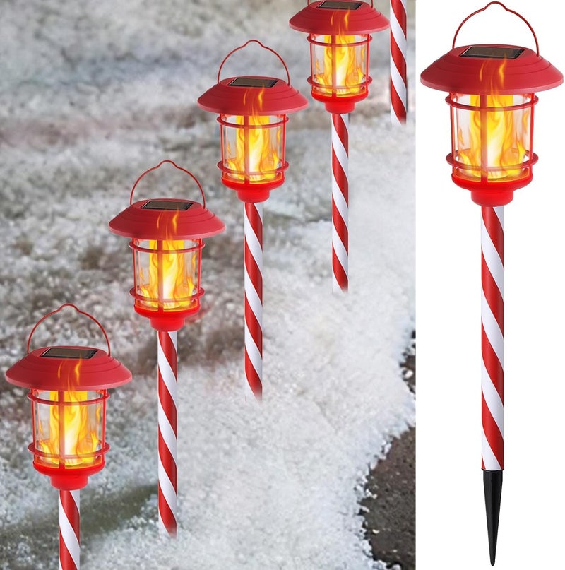 Dynaming 6 Pack Christmas Solar Flame Garden Lights Outdoor, Dual Use Flickering Flame Torch Candy Cane Pathway Marker, Xmas Hanging Lantern Lights, Waterproof & Auto On/Off for Patio Walkway Driveway - Image 1